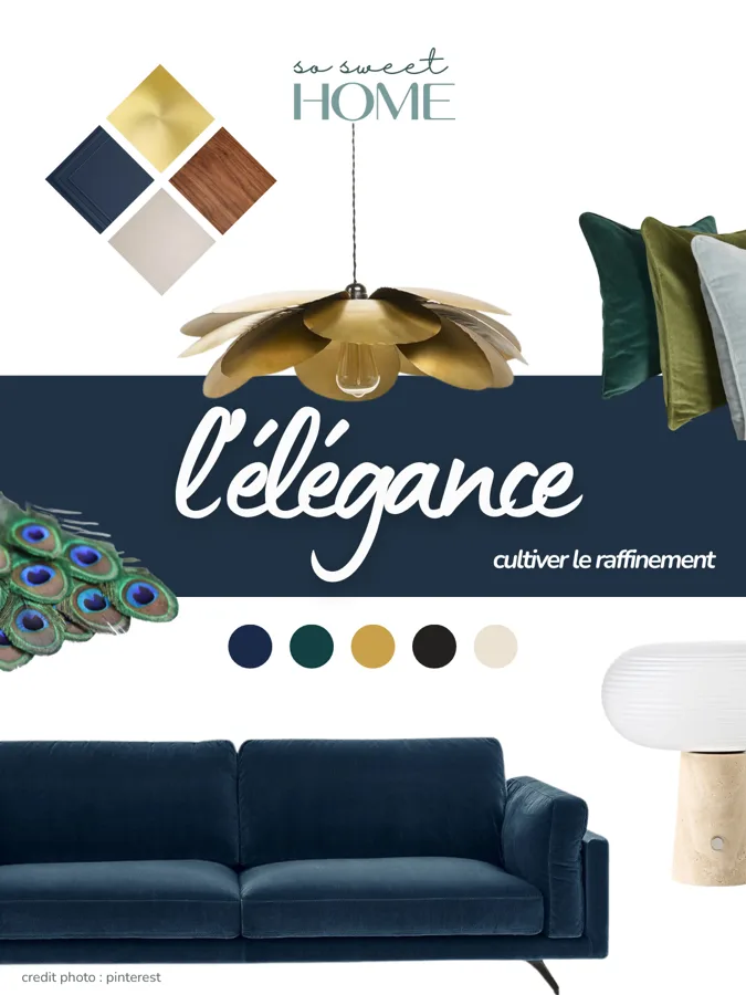 Cultiver le raffinement : planche d'ambiance élégance — suspension en laiton pétale, canapé en velours bleu nuit, coussins verts, plumes de paon et palette bleu nuit, vert émeraude, or, noir et écru.
