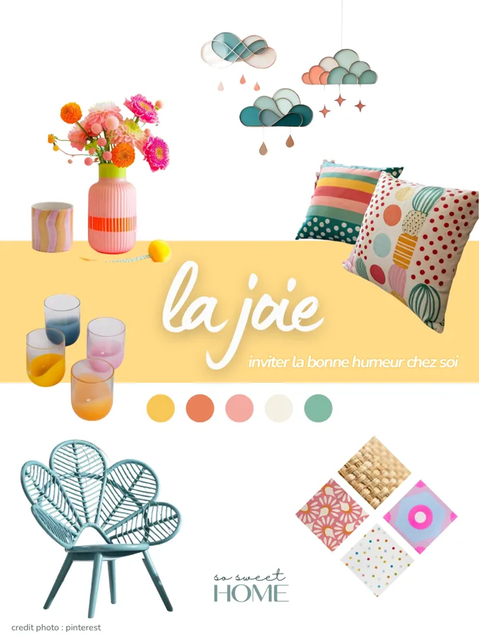 Inviter la bonne humeur chez soi : planche d'ambiance joie — vase corail fleuri, coussins graphiques, verres colorés, fauteuil en rotin turquoise et palette jaune, corail, rose, écru et vert.