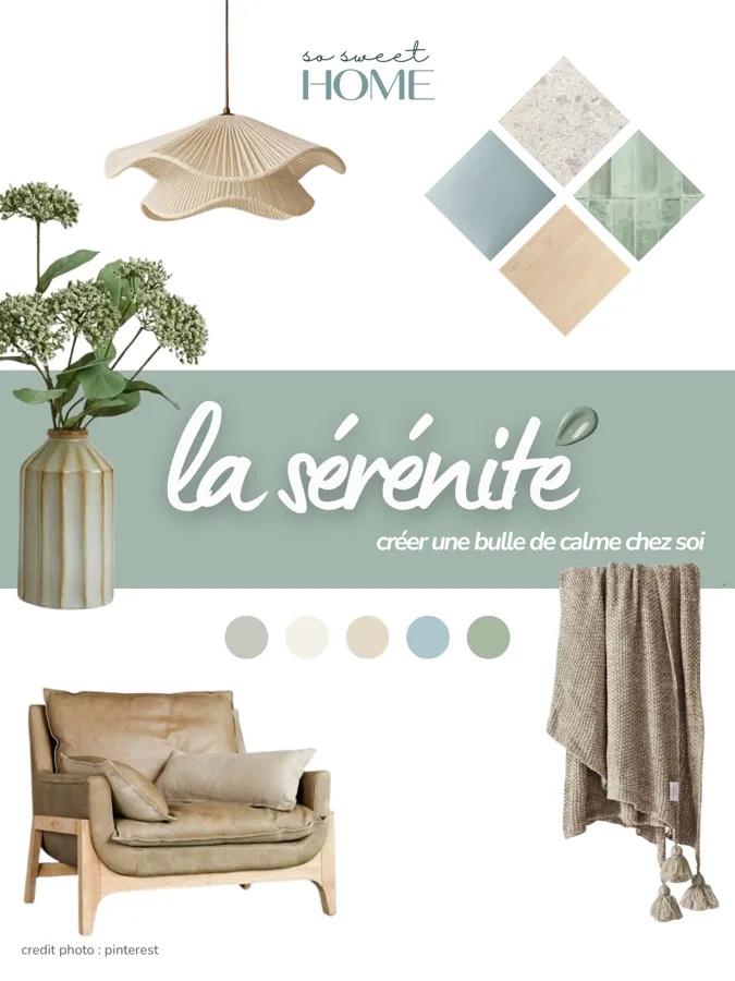 Créer une bulle de calme chez soi : planche d'ambiance sérénité — suspension en papier plissé, vase strié, fauteuil en bois clair, plaid moelleux et palette beige, écru, bleu grisé et sauge.