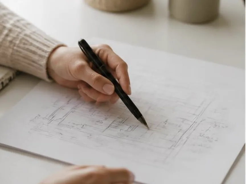 Croquis d'un plan d'aménagement tracé à la main sur une table claire, à côté d'une plante et d'une bougie.