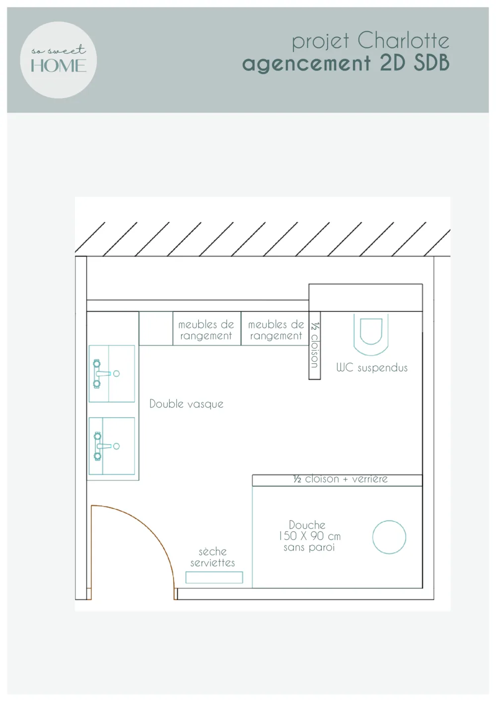 Plan d'agencement 2D d'une salle de bain : double vasque et meubles de rangement le long du mur, WC suspendus isolés par une demi-cloison, douche de 150 x 90 cm sans paroi derrière une demi-cloison vitrée, sèche-serviettes près de la porte.