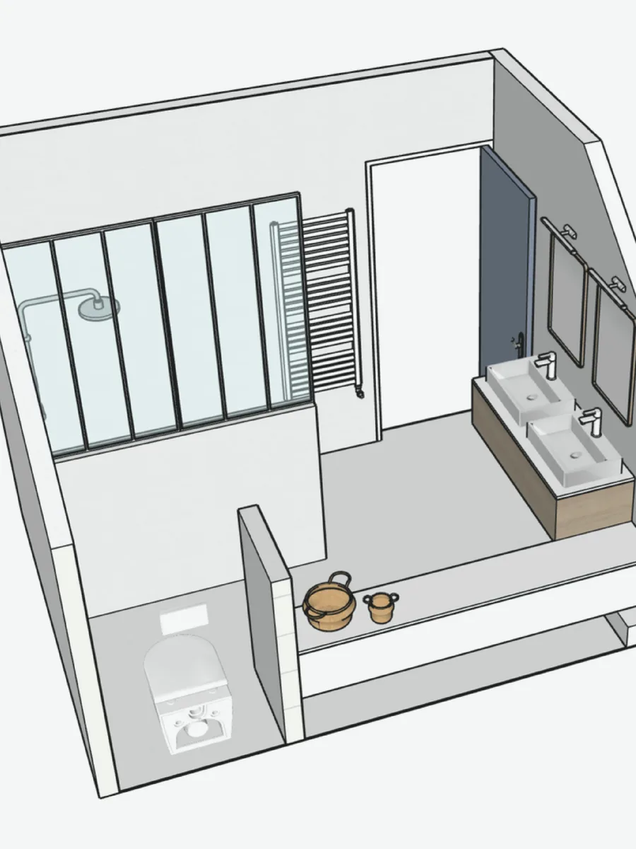 Vue 3D de la même salle de bain, vue du dessus : verrière vitrée autour de la douche, sèche-serviettes, double vasque posée sur un meuble en bois avec deux miroirs, WC derrière une demi-cloison. En bas, deux rendus pris depuis l'intérieur de la pièce.